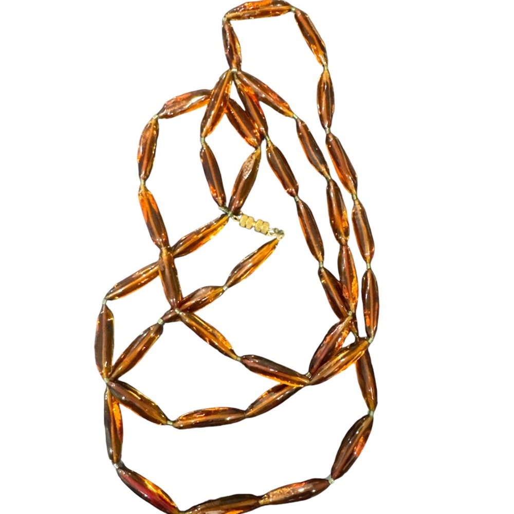 Vintage Czech Glass Necklace Amber Color Bohemian Lampwork Bead Long Strand